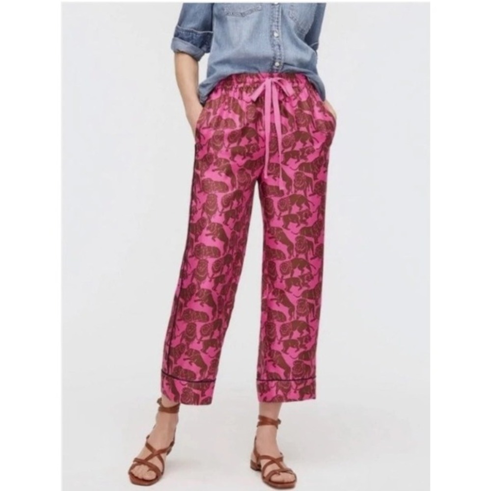 J.Crew Collection Sleepy Lion Pink Brown 100% Silk Twill Pants Pajamas Sz 00